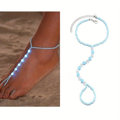 Boho Chic Adjustable Beaded Anklet with Glow-in-the-Dark Features - Summer Beach Vacation Foot Jewelry for Women, Resin Material, Perfect for Parties and Getaways, Vacation Accessory|Glowing Beads|Resin Construction, Beach Ac SS69 7.69 Robin Blue