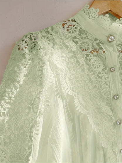 [Pearl Button Blouse] Pearl Button Elegant Victorian-Inspired Lace Blouse - Long Sleeve Mock Neck Green Polyester Pleated Design for Women, Perfect for Halloween Cosplay & Gothic Fashion SS69
