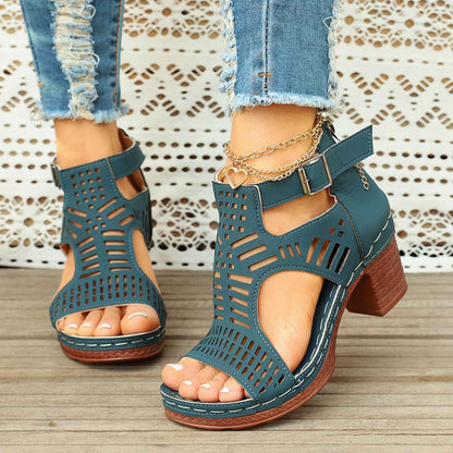 Women'S Summer Open-Toe Heel Sandals- Black Perforated Hollow Design, Ankle Strap And Zipper Closure, Stylish Breathable Casual Outdoor Shoes, Large-Size High-Heeled Sandals, Size US6-US11