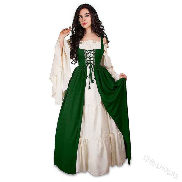 [Elegant Medieval Costume] Elegant Women's Medieval Two-Piece Costume - Renaissance Drama Outfit with Corset-like Bodice & Long Flowing Skirt | Halloween, Renaissance Faire, Themed Parties | Burgundy/White, Black/White, Green