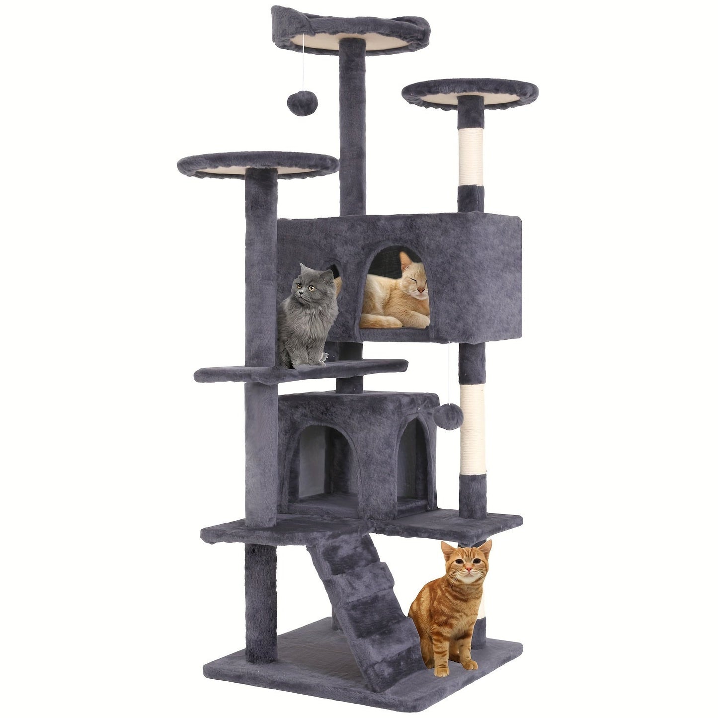 54/70" Multi-Level Cat Tree Tower with Scratching Posts & Cozy Condos, Space-Saving Indoor Cat Playhouse, Durable Plywood Construction, Fun Jumping Platforms, Multiple Colors Available for Cats SS69 61.69 Ashy / 54''H