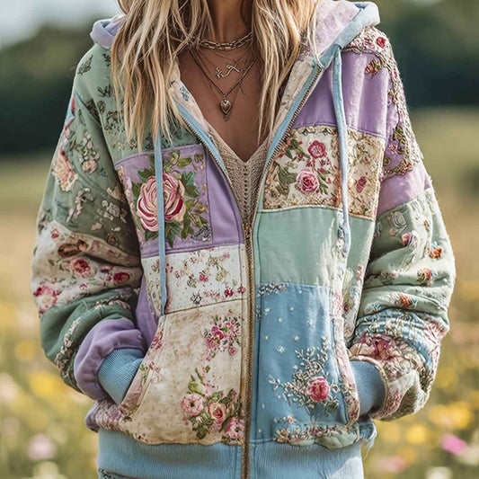 Plus Size, Women's Plus Size Vintage Bohemian Floral & plant print Hooded Jacket/Sweatshirt - Elegant Loose Fit Oversized Coat with Full-Length Zipper, H-Line Silhouette for Fall Winter Spring, Machine Washable for easy care