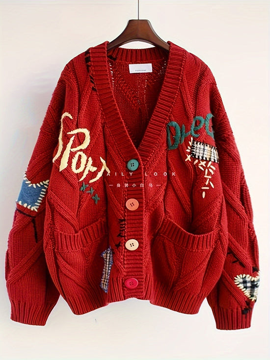 Fashionable Lazy Wind Embroidered Sweater Women's Autumn Winter 2024 New Letter Design Sense Loose Knit Sweater Jacket SS69