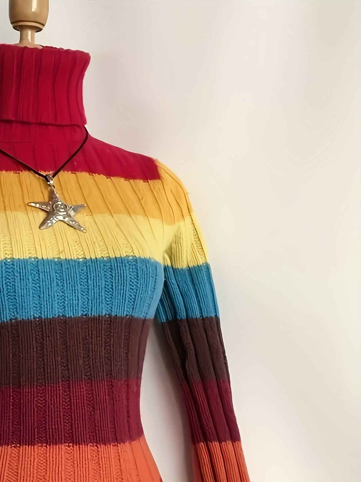 Y2K Retro Sweater, Multicolor Horizontal Striped Gothic Punk Rock Rainbow, Winter Warm Collar Long Sleeve Coat, Machine Washable Layered Outfit, Pink/Blue/Yellow/Black/Brown