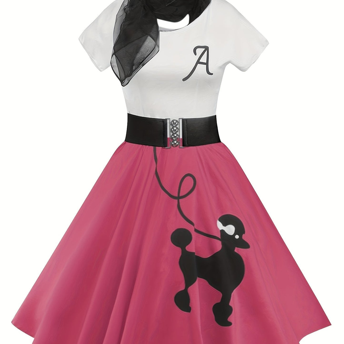 [Retro Skater Dress] Retro Poodle Print Women's Skater Dress | Vintage High Waist Rockabilly Swing Tee Cute Dresses SS69 26.69 Rose Red / S