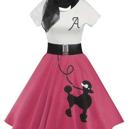 [Retro Skater Dress] Retro Poodle Print Women's Skater Dress | Vintage High Waist Rockabilly Swing Tee Cute Dresses SS69 26.69 Rose Red / S
