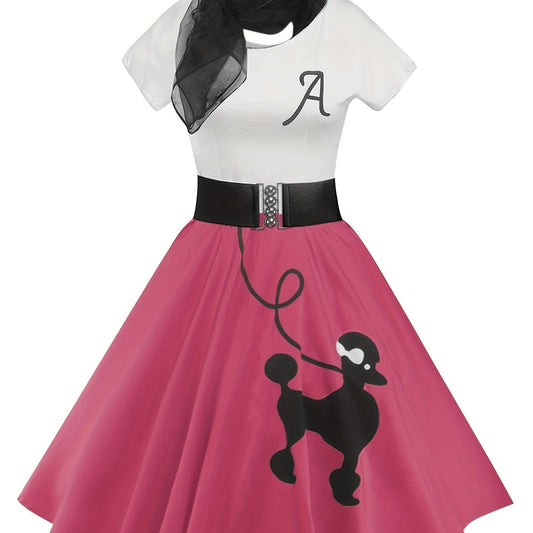 [Retro Skater Dress] Retro Poodle Print Women's Skater Dress | Vintage High Waist Rockabilly Swing Tee Cute Dresses SS69 26.69 Rose Red / S