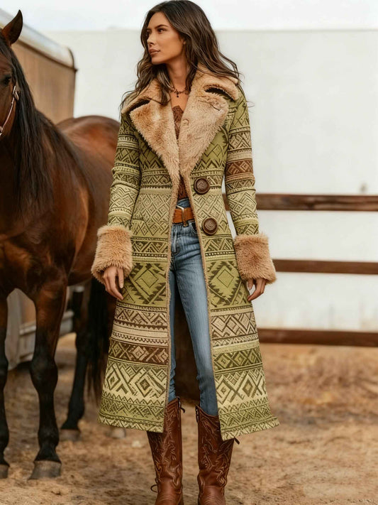 Women's Western Retro Style Winter Warm Coat - Western Print Jacket with Collar, Machine Washable Outerwear for Fall & Winter, Non-Stretch Blazer for Casual or Dressy Outfits