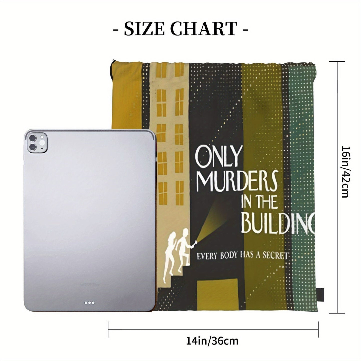 In The Building Drawstring Backpack - True Crime Inspired "Only Murders in the Building" Graphic, Gym, Travel, School, Everyday Bag - Drawstring Closure, Machine Washable - for Men & Women (Green/Black/), True Crime Enthusias SS69