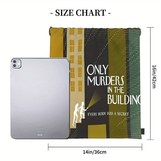 In The Building Drawstring Backpack - True Crime Inspired "Only Murders in the Building" Graphic, Gym, Travel, School, Everyday Bag - Drawstring Closure, Machine Washable - for Men & Women (Green/Black/), True Crime Enthusias SS69