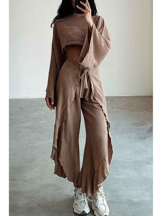 2pcs Outfit with Pleated Elastic Waist Pants And Short-Sleeved Top- Casual Chic for Work From Home, Weekend Errands& Travel- Comfortable& Flexible for Women