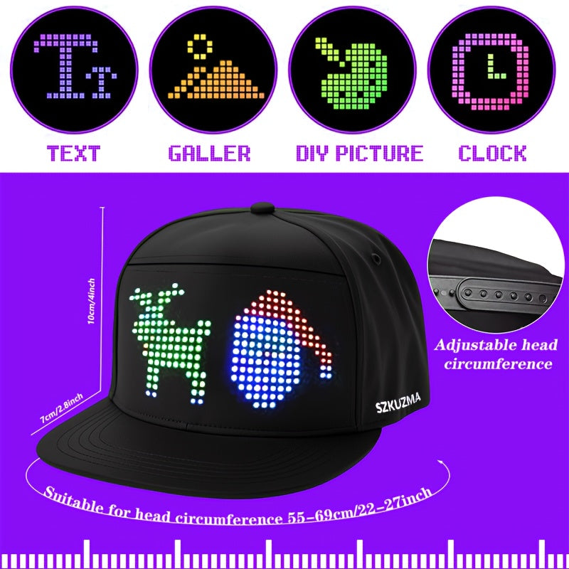 1 Programmable LED Display Hat, DIY Text Scrolling Information, APP Control, Multiple Patterns And Animations, Creative Hat, Adjustable Size, Suitable For Both Men And Women, Suitable For Gatherings And Carnivals, Halloween A SS69