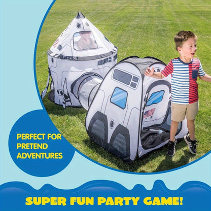 White Rocket Ship Pop up Play Tent with Tunnel for Kids, Playhouse Kids Indoor Outdoor Spaceship Tent Set, birthday gifts for boys and girls