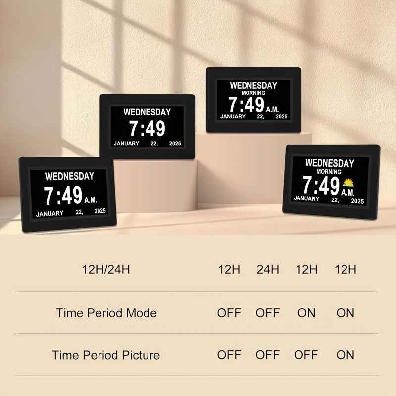 Large Digital Clock Designed for Seniors with Dementia, Featuring a Calendar Display, Alarms, And Functions As a Wall Clock Showing Day And Date. It Also Serves As an Alarm Clock, Desk Clock, Electronic Photo Frame, And Suppo