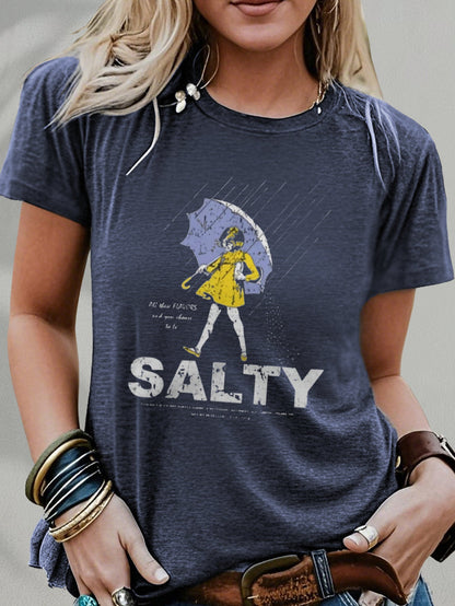 Salty with Umbrella Graphic Tee - Vintage Style Summer Beachwear for Trendy Women, Perfect for Vacation and Everyday Wear, ed T-shirt SS69
