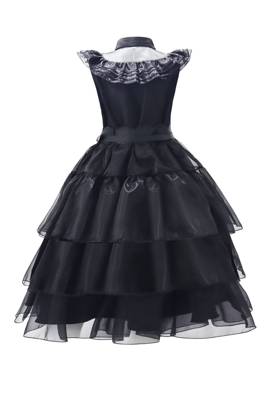 Vintage Gothic Cosplay Mesh Polo Collar Tiered Ruffle Dress - Polyester Solid Color Woven Funny Costume for Womens Party - No Elasticity, No Printing, No Sheer SS69