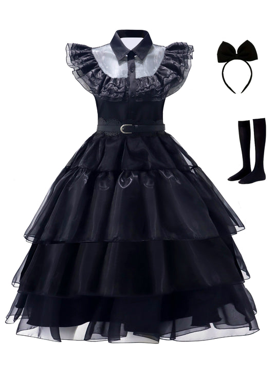 Vintage Gothic Cosplay Mesh Polo Collar Tiered Ruffle Dress - Polyester Solid Color Woven Funny Costume for Womens Party - No Elasticity, No Printing, No Sheer SS69