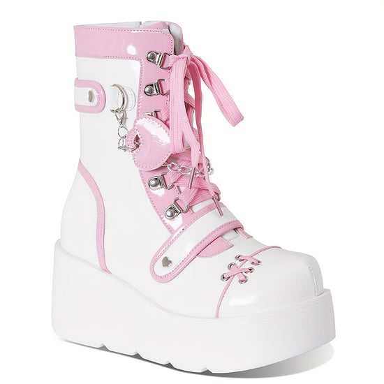 [Goth Rave High Heel Boots] Goth Rave High Heel Round Toe Zipper Wedges Mid Calf Booties - Platform Ankle Boots For Women - Kawaii Shoes SS69