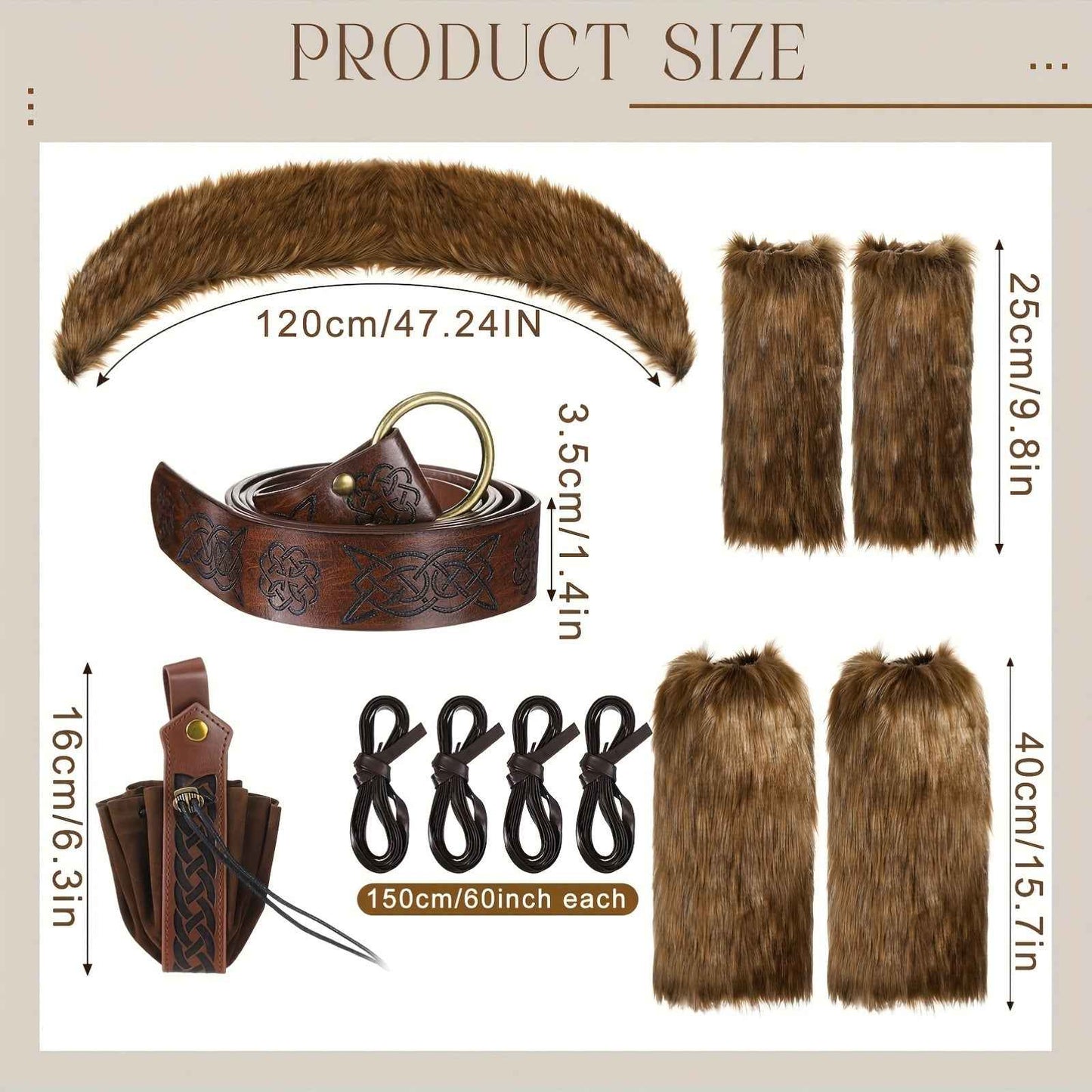 Ancient Warrior, Viking-Inspired Costume Set - 11pcs With Faux Fur Collar, Belt, Medieval Pouch, Leg & Hand Warmers For Halloween Party, Halloween Costumes