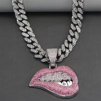Shiny Lips Pendant Necklace - Unisex Hip-Hop Ice Cuban Link Miami Necklace, 1 Piece SS69 9.69 【silvery】 / 17.72inch
