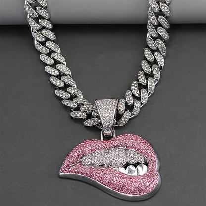 Shiny Lips Pendant Necklace - Unisex Hip-Hop Ice Cuban Link Miami Necklace, 1 Piece SS69 9.69 【silvery】 / 17.72inch