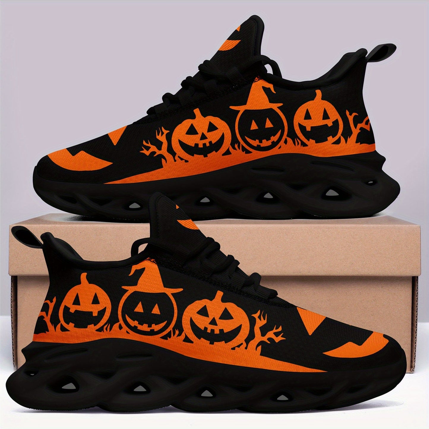 Women's Halloween Sneakers - Orange Pumpkin Jack-o'-Lanterns, Lace-Up Trick Treat Shoes, Plus Size Available - All-Season Casual Shoes for Halloween Parties, Casual Attire & Costume Outfits - Lightweight EVA Sole for Fall Fes SS69