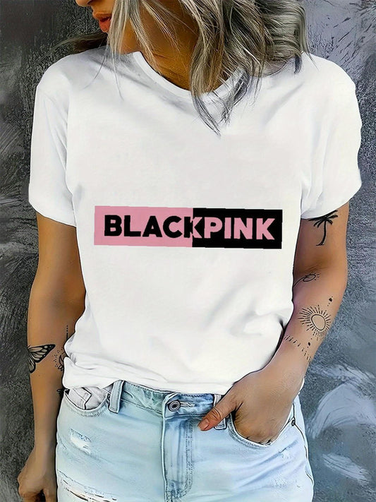 Blackpink Graphic Women's T-Shirt - Casual Short Sleeve Round Neck, Stretchy Polyester Blend, Embossed Floral & Letter Design, Perfect for Spring/Summer/Fall SS69