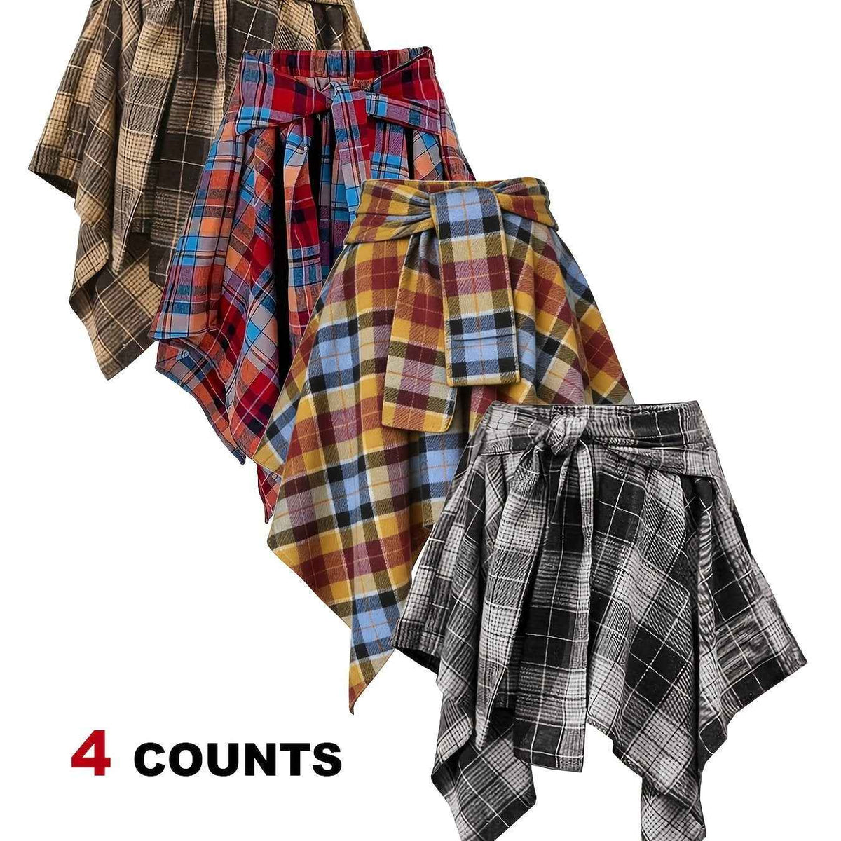 Plus Size - Plus Size - 4-Pack Plus Size Pleated Plaid Skirt | Women High Waist A-Line Elastic Waist Midi Skirt Casual Vintage Checkered Skirt With Slight Stretch Fabric