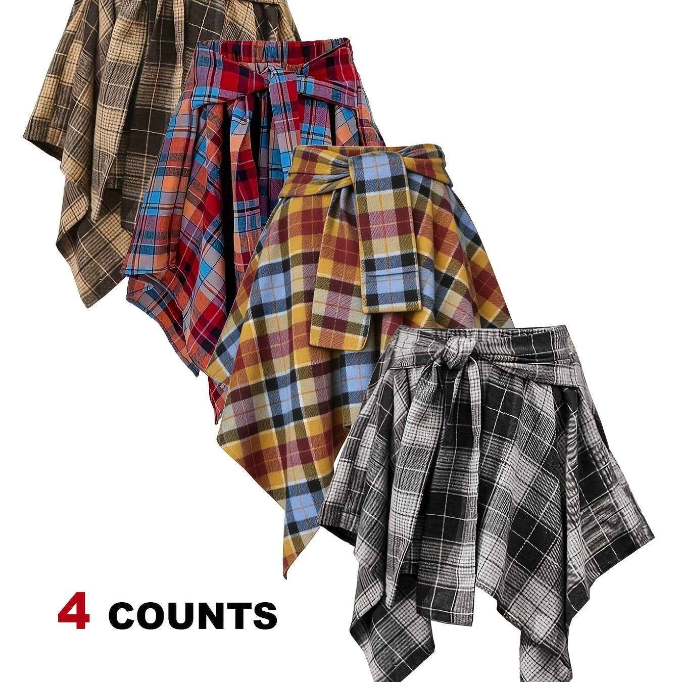 Plus Size - Plus Size - 4-Pack Plus Size Pleated Plaid Skirt | Women High Waist A-Line Elastic Waist Midi Skirt Casual Vintage Checkered Skirt With Slight Stretch Fabric