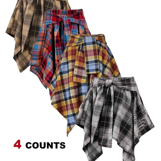 Plus Size - Plus Size - 4-Pack Plus Size Pleated Plaid Skirt | Women High Waist A-Line Elastic Waist Midi Skirt Casual Vintage Checkered Skirt With Slight Stretch Fabric