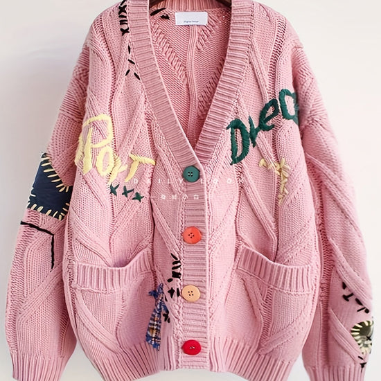 Fashionable Lazy Wind Embroidered Sweater Women's Autumn Winter 2024 New Letter Design Sense Loose Knit Sweater Jacket SS69