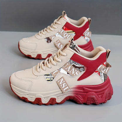 Women'S 2025 Spring/Summer High-Top Sneakers - Casual, Breathable, Thick Sole Running Shoes with Lace-Up Closure, Synthetic Upper, PVC Sole, and Stylish Red & Beige Design for Outdoor Activities, Casual Footwear | Trendy Casu SS69