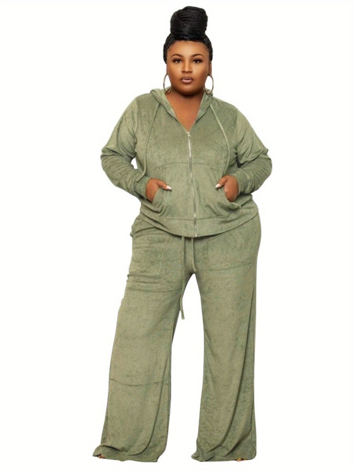 Plus Size - New Autumn And Winter Women'S Clothing in Large Sizes Featuring Solid Color Casual High-Waisted Wide-Leg Pants in a Two-Piece Set.