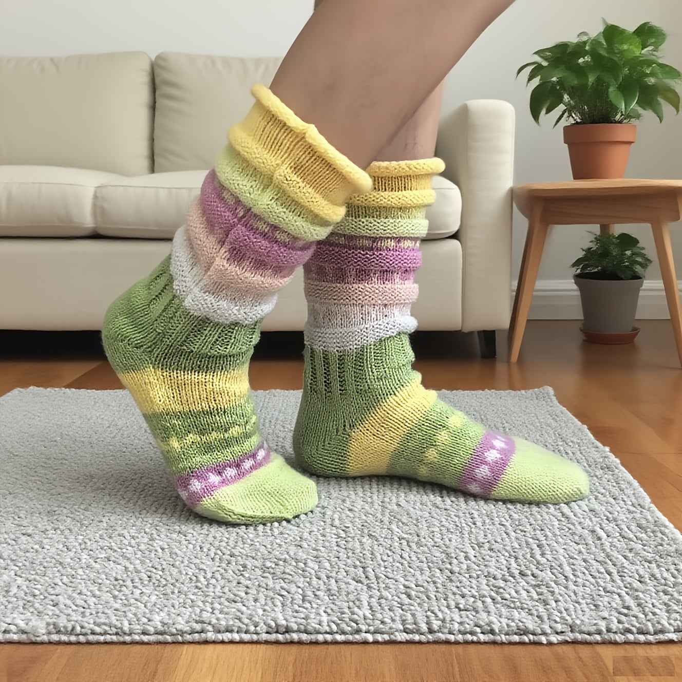 A Pair of Ins-Style Winter Women's Colorful Striped Crew Socks, Cross-Border Women's Mid-Calf Warm Color-Block Floor Socks, Cozy Footwear, Trendy Socks, Insstyle Fashion, Hand Wash Care, Durable Stitching, Women's Socks, Crew