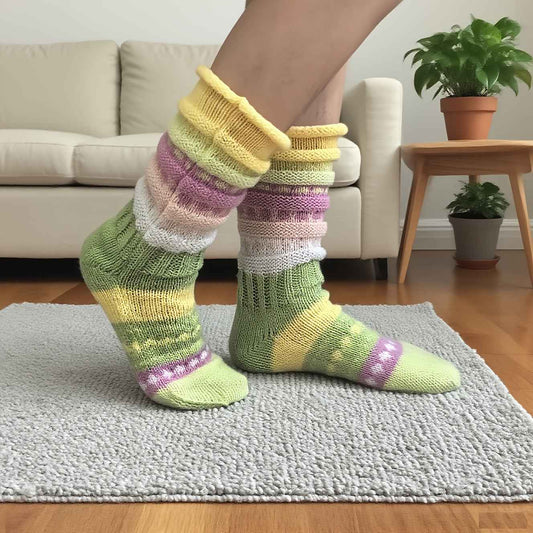 A Pair of Ins-Style Winter Women's Colorful Striped Crew Socks, Cross-Border Women's Mid-Calf Warm Color-Block Floor Socks, Cozy Footwear, Trendy Socks, Insstyle Fashion, Hand Wash Care, Durable Stitching, Women's Socks, Crew