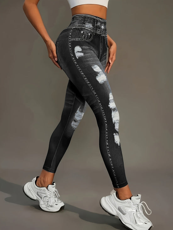 [Denim Print/Imitation Denim] Women's Imitation Denim Print Pants - Stretchy Polyester-Spandex Blend, Full-Body Distressed Design, Faux Pocket, Mid-Rise 9