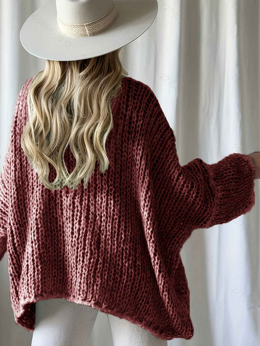 Plus Size, Women's Plus Size Oversized V-Neck Sweater - Winter Warm Solid Color Pullover, Elegant Casual Loose Fit Sweaters for Fall/Winter Layering, Hand Washable Cozy Blouse