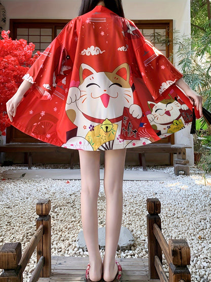 [Costume Delight] Anime Cosplay Kimono Cardigan - Lucky Cat & Festive Motifs, Lightweight Polyester, 3/4 Sleeve, Open Front Shawl - Ideal for Spring/Summer, Sun Protection, Halloween & Christmas Costumes SS69