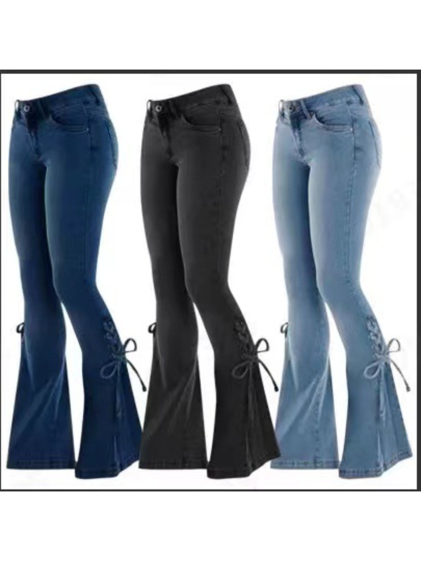 Women'S 100% High-Stretch Mid-Rise Slim Flared Jeans with Tie-Front Detail - SS69 