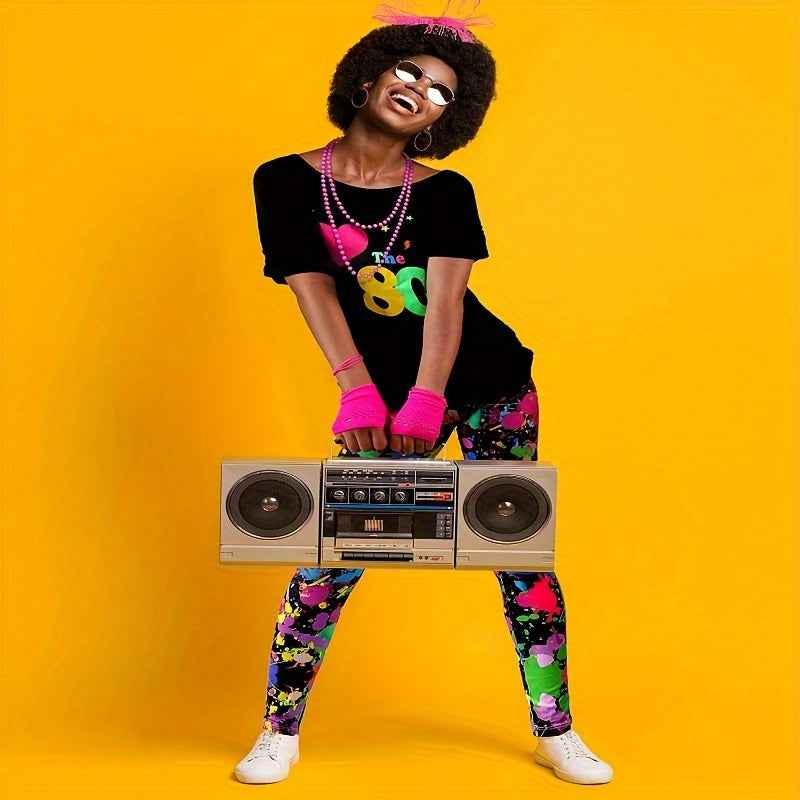 80s Women Costume Set, T-Shirt, Geometric Legging Pants Earring Necklace Gloves Bracelet