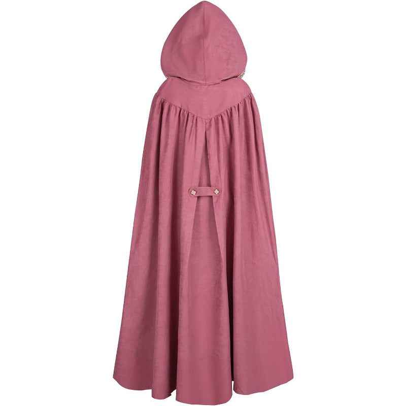 Medieval-Style Hooded Cape Costume, Celtic Knot & Satin Trim, Adjustable Tie-Front Closure, Renaissance Faire Outfit for Renaissance Festival Cosplay Themed Parties, Beige Pink Dark Green Burgundy