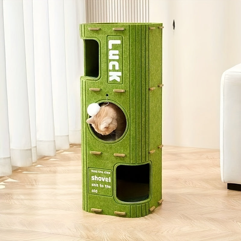 3-Tier Cat Tree House Cave, Multifunctional Climbing Frame and Bed Nest with Felt Material to Match Cats' Natural Instincts, Large Holes for Ventilation, Optional Scratching Posts, Space-Saving Design, Detachable and Easy to SS69 33.69 Green / Cat nest