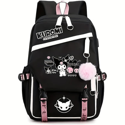 Sanrio for kuromi Backpack - Cute Cartoon Laptop Bag with Pink Bows, Large Capacity Travel Backpack for Women, Durable Polyester Lining, Multiple Compartments, Black/White, Backpack for Travel, Casual Daypack, Playful Design,