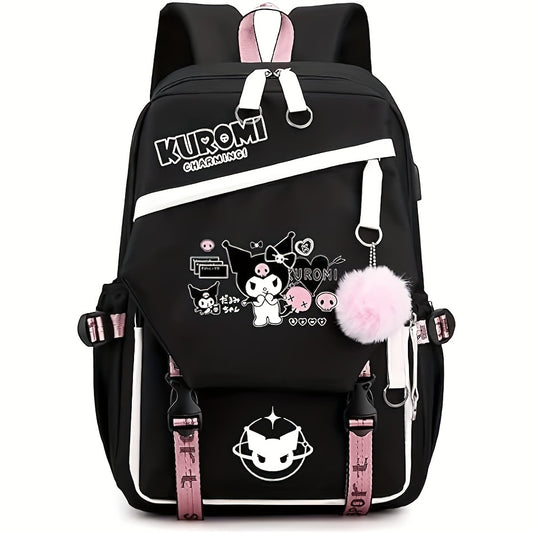 Sanrio for kuromi Backpack - Cute Cartoon Laptop Bag with Pink Bows, Large Capacity Travel Backpack for Women, Durable Polyester Lining, Multiple Compartments, Black/White, Backpack for Travel, Casual Daypack, Playful Design,