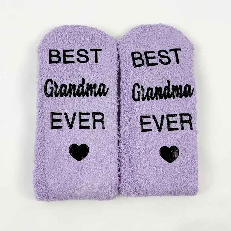 1 Pair Purple Mid-Calf Winter Warm Anti-Slip Knitted Socks with "BEST Grandma EVER" Letter Print, Perfect Gift for Birthdays, Retirement, and Parents