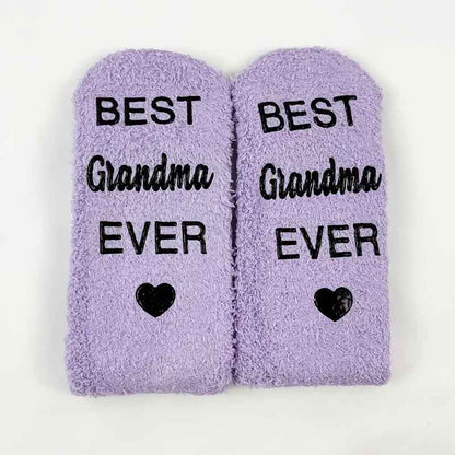 1 Pair Purple Mid-Calf Winter Warm Anti-Slip Knitted Socks with "BEST Grandma EVER" Letter Print, Perfect Gift for Birthdays, Retirement, and Parents