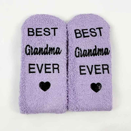 1 Pair Purple Mid-Calf Winter Warm Anti-Slip Knitted Socks with "BEST Grandma EVER" Letter Print, Perfect Gift for Birthdays, Retirement, and Parents