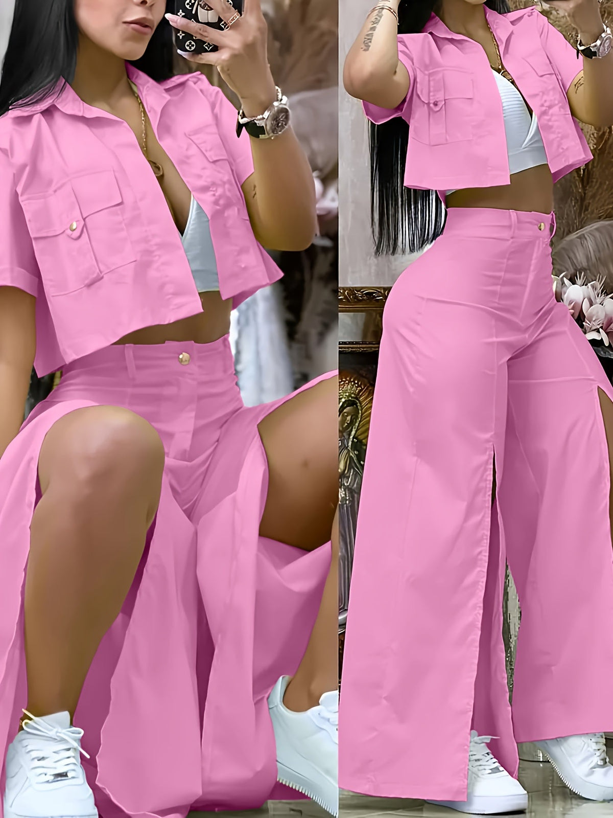 Women's Vibrant Yellow Casual Two-Piece Set: Short Sleeve Button-Up Shirt & High-Waist Wide-Leg Pants with Thigh-High Slit - Polyester, Machine Washable SS69