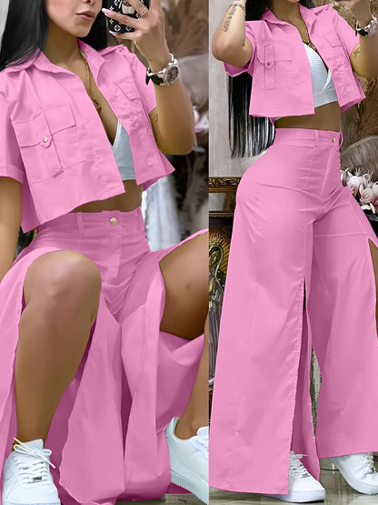 Women's Vibrant Yellow Casual Two-Piece Set: Short Sleeve Button-Up Shirt & High-Waist Wide-Leg Pants with Thigh-High Slit - Polyester, Machine Washable SS69