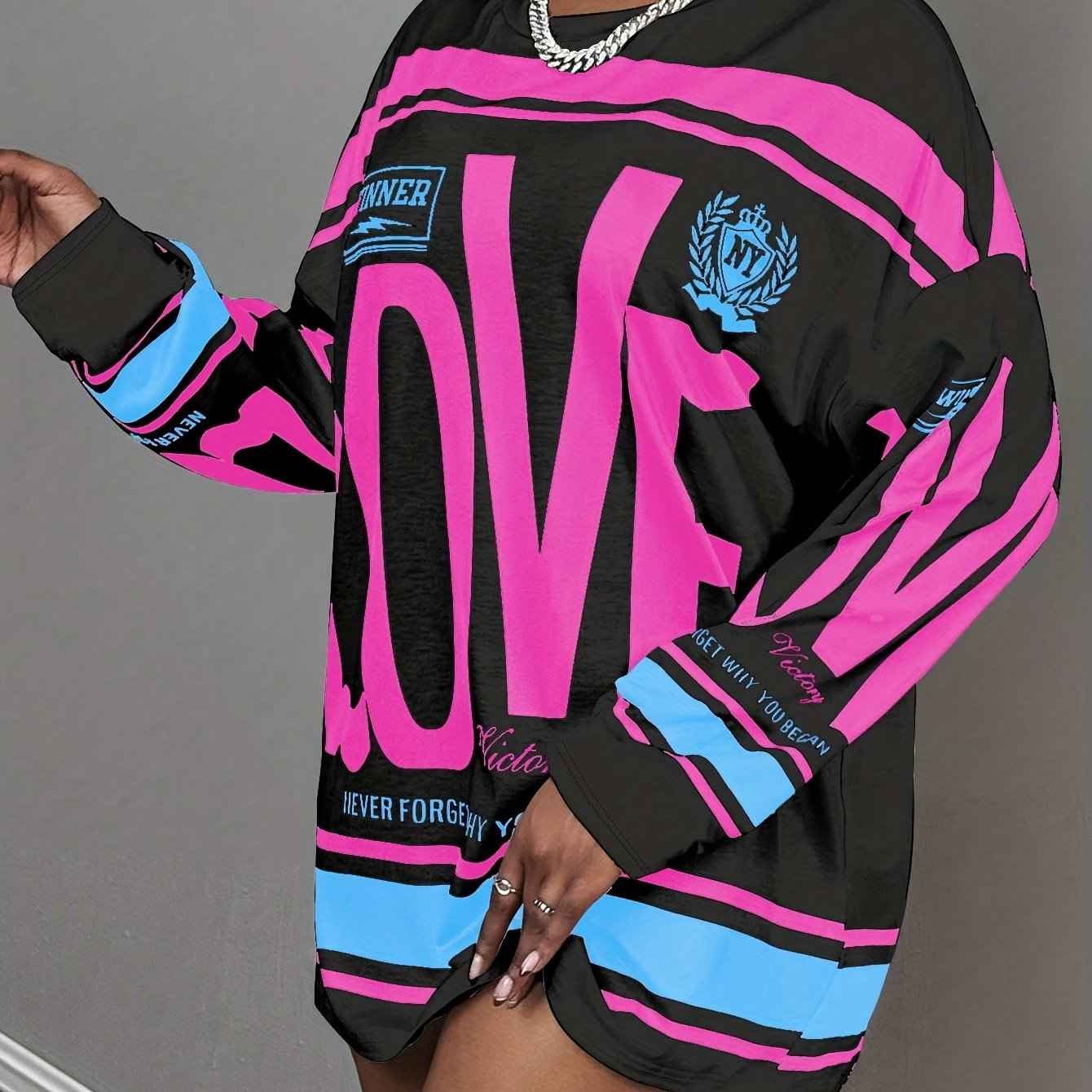 Plus Size - Plus Size - Plus Size - Plus Size - Plus Size Women'S Oversized "LOVE" Letter Print Long Sleeve T-Shirt - Casual Streetwear Style with Pink & Stripes, Comfortable Fabric For All Seasons, Versatile Fashion Top, Plu